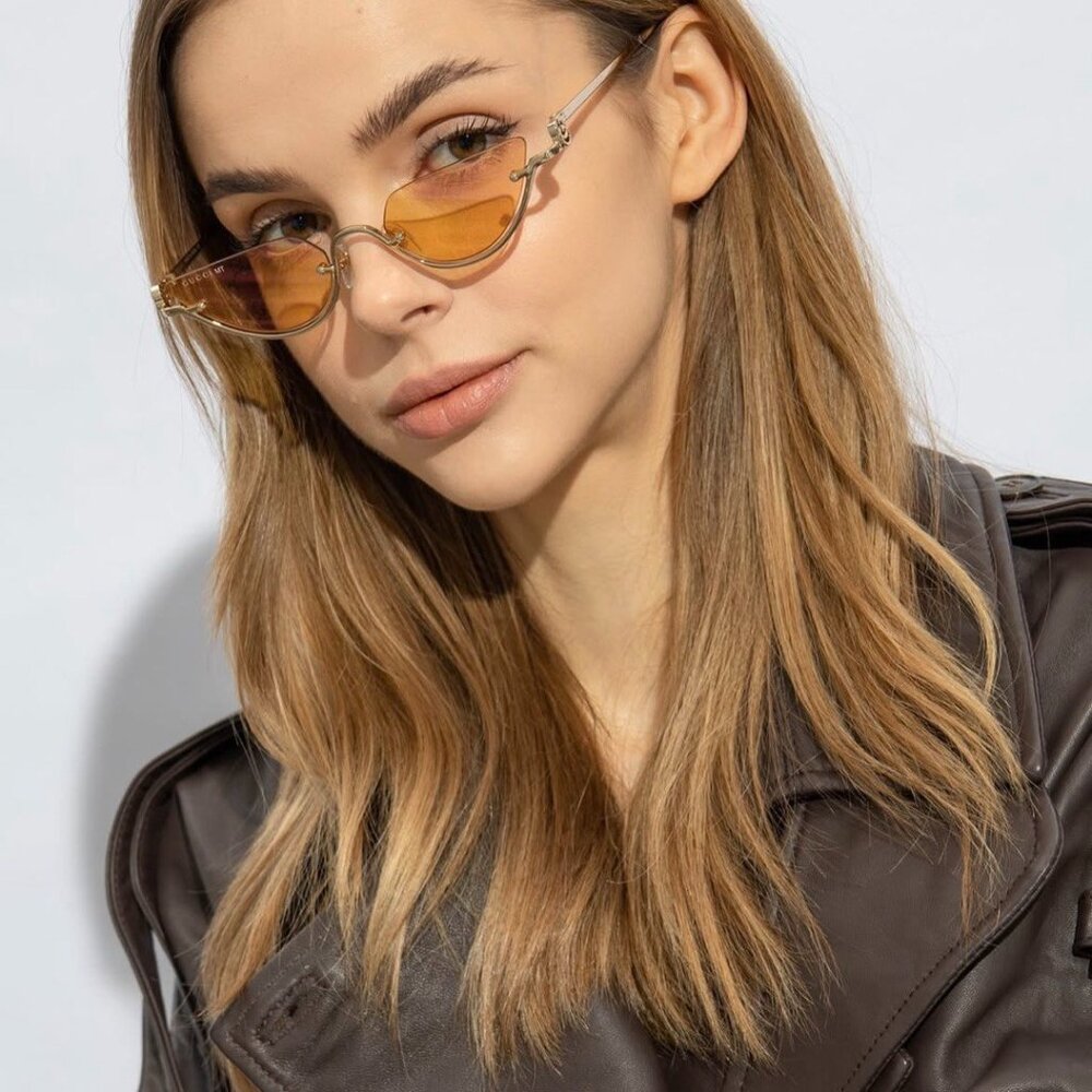 Gucci GG1603S 004 Sunglasses Gold Cat Eye Frame, Rose Mirror to Dark Yellow